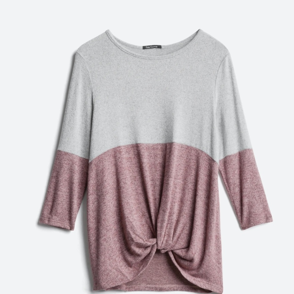 Pink Clover Denver Front Twist Brushed Knit Top; Large Pink and Gray